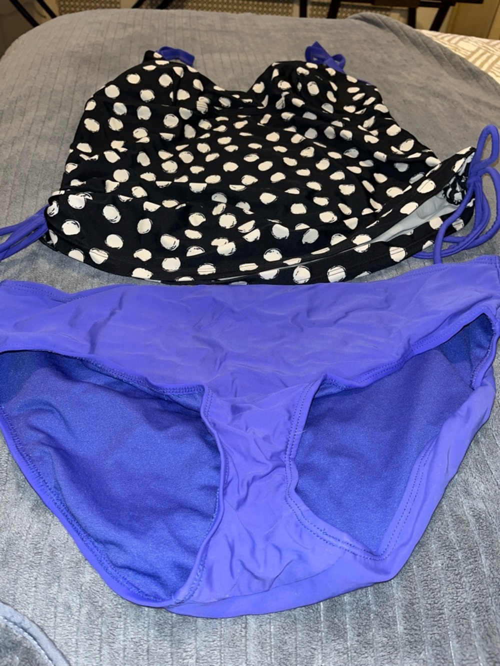Tropical Escape Black & White Polka Dot Tankini Top with Purple Bikini Bottoms